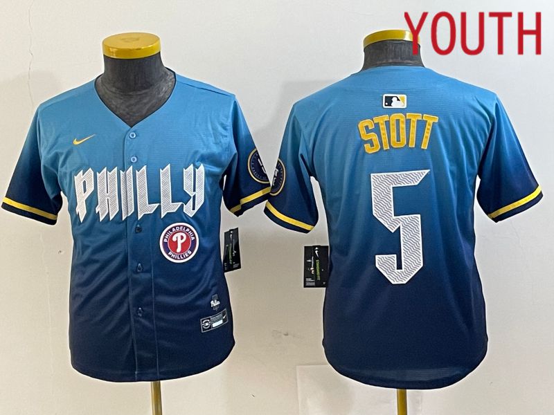 Youth Philadelphia Phillies #5 Stott Blue City Edition Nike 2024 MLB Jersey style 5->youth mlb jersey->Youth Jersey